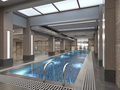 Indoor Swimming Pool With Skylights Metal Handrails And Modern Interior Design 3d model