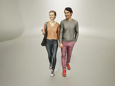 Man And Woman Walking Hand In Hand In Casual Outfits On Gray Background 3d model