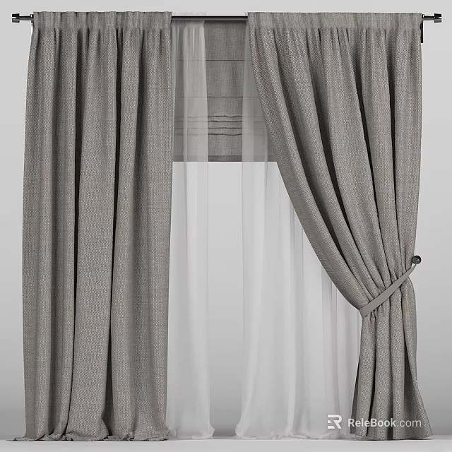 Gray Curtains With White Sheer Layer And Elegant Tie Back Window Design 3d model