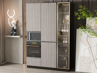 Modern Wooden Wine Cabinet With Glass Doors And Wine Bottles In Kitchen Design 3d model