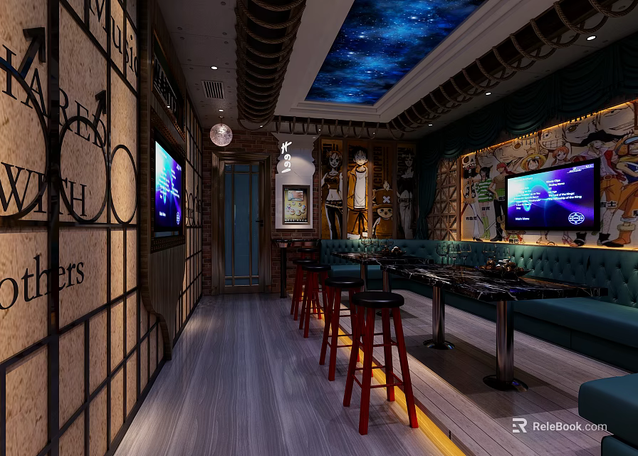 Modern KTV Interior Design With Starry Ceiling TV Screens Green Sofa And Bar Stools 3d model 