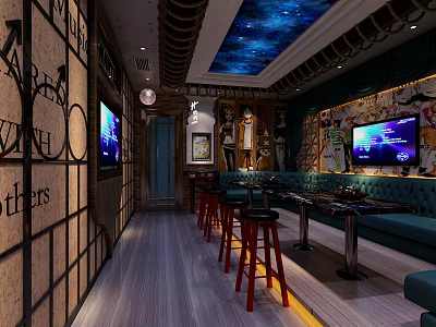 Modern KTV Interior Design With Starry Ceiling TV Screens Green Sofa And Bar Stools 3d model