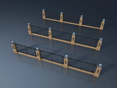 Outdoor Iron Swing Door Design With Stone Pillar And Decorative Rails 3d model