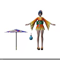 Colorful Kimono Character with Floral Hairpin and Animal Themed Umbrella Lantern
