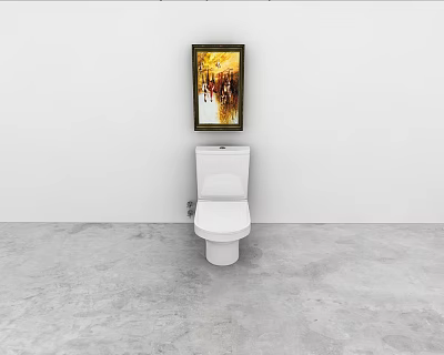 White Toilet Against White Wall with Yellow Red Painting and Gray Concrete Floor 3d model