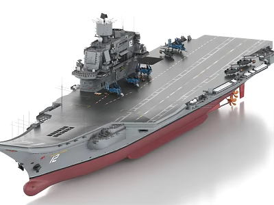 Detailed Aircraft Carrier Model With Gray Hull Red Bottom Flight Deck And Aircraft 3d model
