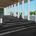 Modern Entrance Gate with Wooden Canopy Green Lawn Dark Stone Pavement and Glass Curtain Wall