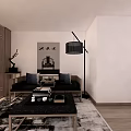 Traditional Chinese Interior With Wooden Elements Mountain Water Mural Bird Decorations And Tea Table