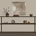 Natural Wooden Entryway Console Table With Wall Painting Clay Pot And Small Bowls
