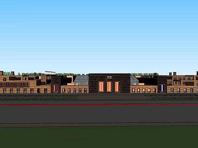 Modern Commercial Street Exterior Design Featuring Varied Roofs And Brick Glass Facades 3d model