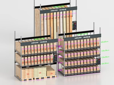 Various Types of Stone and Wood Building Materials Displayed on Shelves with Size Labels 3d model