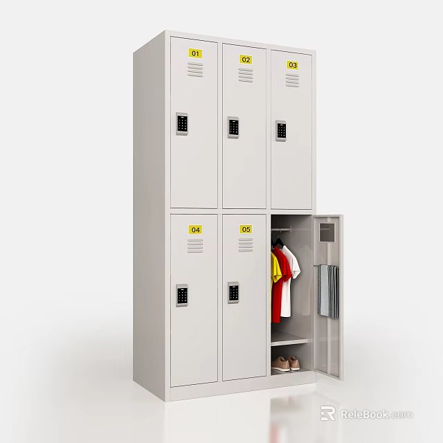 White Multi Compartment Lockers With Numbered Labels And Open Door Holding Clothes And Shoes 3d model 