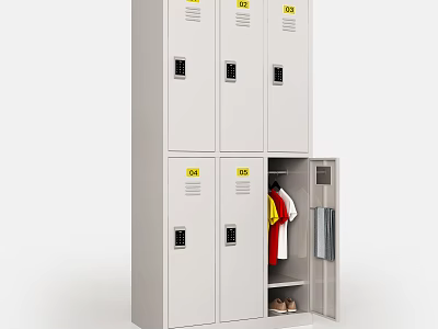 White Multi Compartment Lockers With Numbered Labels And Open Door Holding Clothes And Shoes 3d model