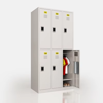 White Multi Compartment Lockers With Numbered Labels And Open Door Holding Clothes And Shoes 3d model