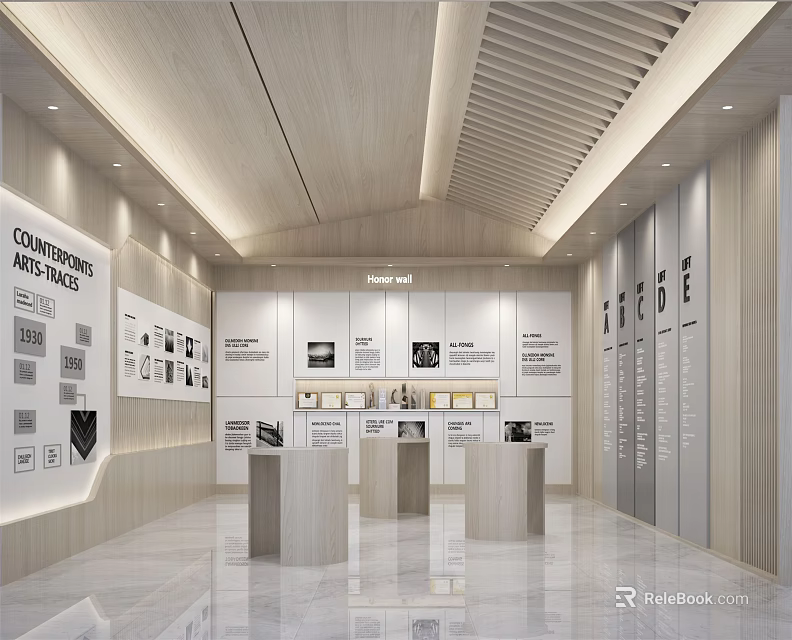 Modern Exhibition Hall Interior With Display Walls Round Counters And Soft Lighting 3d model 