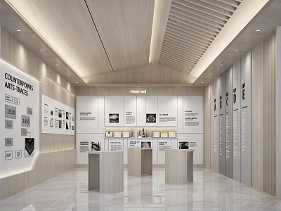 Modern Exhibition Hall Interior With Display Walls Round Counters And Soft Lighting 3d model