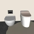 Modern White Toilets With Golden Lid And Wall Panel On Tile Floor Mat