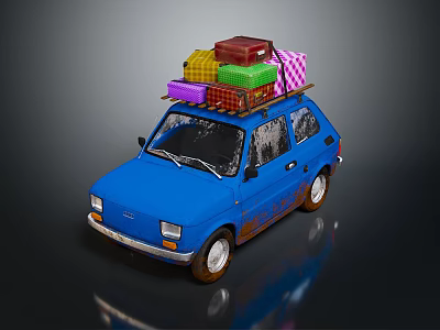 Blue Small Car With Rusty Details And Various Colored Suitcases On Roof 3d model