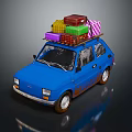 Blue Small Car With Rusty Details And Various Colored Suitcases On Roof