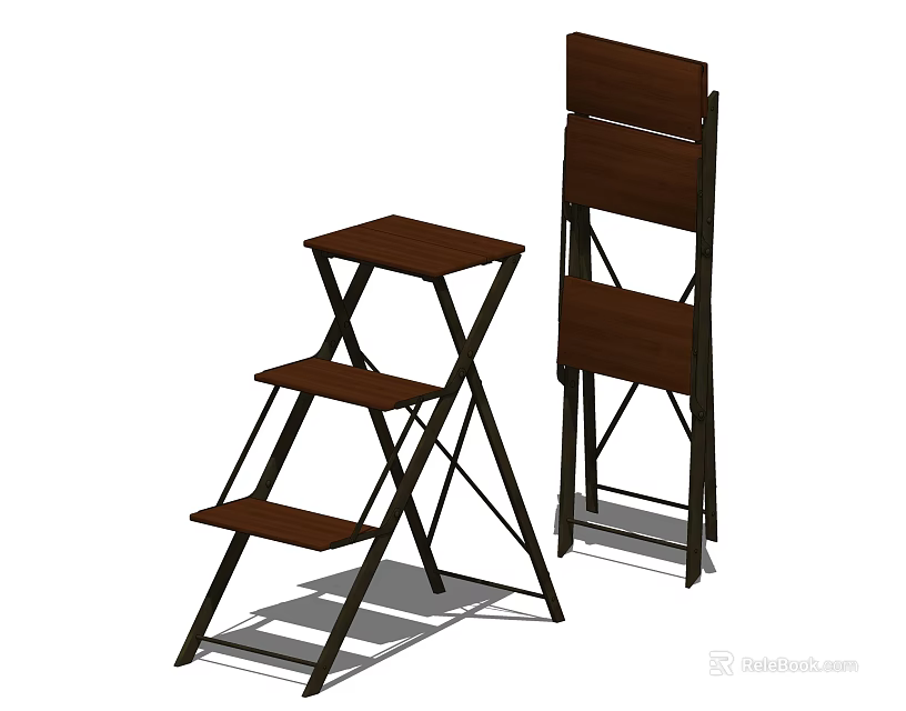 Sturdy Folding Step Ladder With Wooden Steps And Metal Frame For Household Use 3d model 