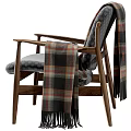 Wooden Frame Leisure Chair With Gray Geometric Pattern Cushion And Plaid Fringe Blanket
