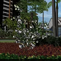 Lush Tropical Garden Landscape With Palm Trees White Flowers And Red Bushes By Modern Buildings