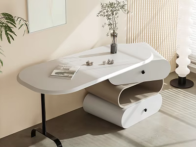 Modern White Office Desk with Magazine Small Decorations Potted Plant Mirror and Lamp 3d model