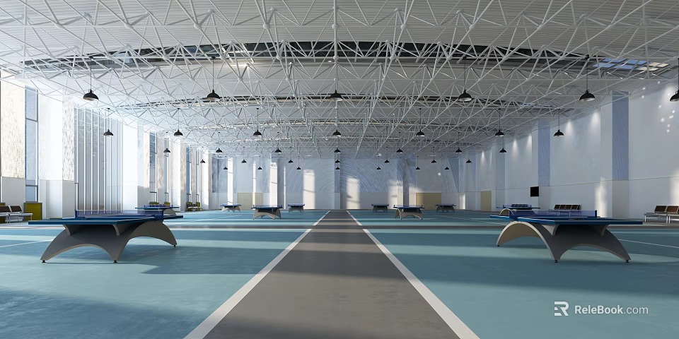 Spacious Bright Indoor Sports Fitness Gym with Table Tennis Tables Blue Flooring and Running Track 3d model 