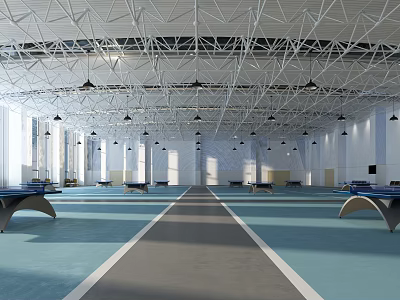 Spacious Bright Indoor Sports Fitness Gym with Table Tennis Tables Blue Flooring and Running Track 3d model