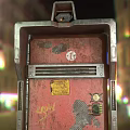 Red Vintage Control Device Featuring Metal Frame Worn Surface Yellow Stickers And Black Top