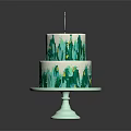 Two Tiered Cake With White Green Hand Painted Patterns Decorative Topper On Light Green Stand