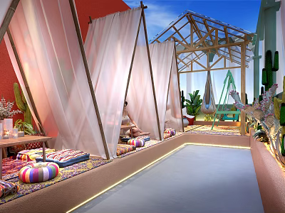Bohemian Style Indoor Relaxation Space With Red Walls White Curtains Hammock And Colorful Cushions 3d model