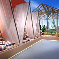Bohemian Style Indoor Relaxation Space With Red Walls White Curtains Hammock And Colorful Cushions