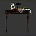 Classic Wooden Desk with Carved Legs Framed Photo Vase Books and Striped Cloth