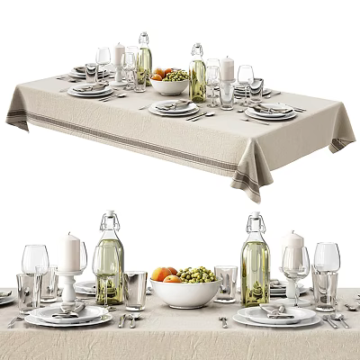 Elegant Dinnerware Set On Table With Tablecloth Glassware Fruit Bowl Candles And Bottles 3d model