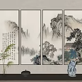 Traditional Chinese Landscape Painting Four Panel Style With Mountains Trees Small House And Misty Clouds
