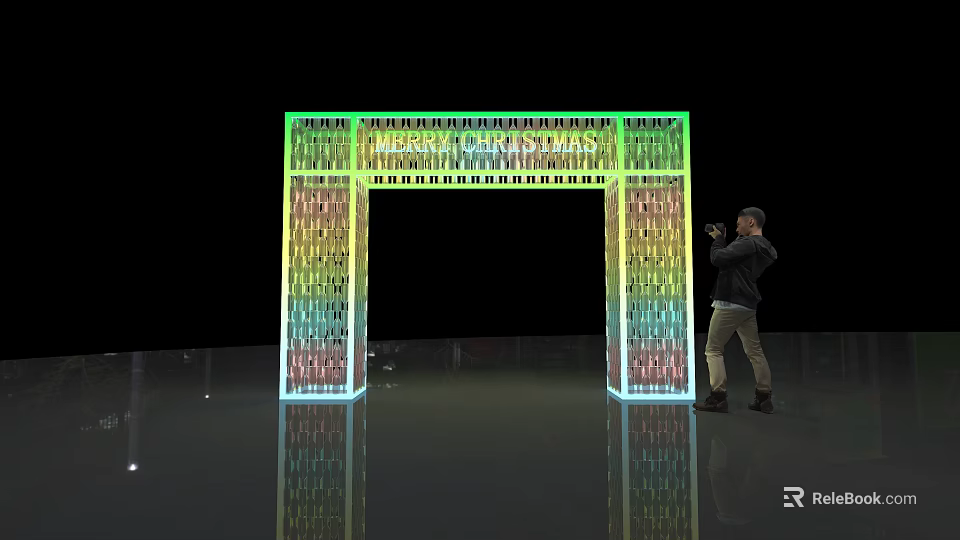 Colorful Illuminated Archway Photo Spot With Text And Person Taking Photo On Reflective Floor 3d model 