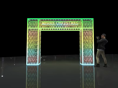 Colorful Illuminated Archway Photo Spot With Text And Person Taking Photo On Reflective Floor 3d model