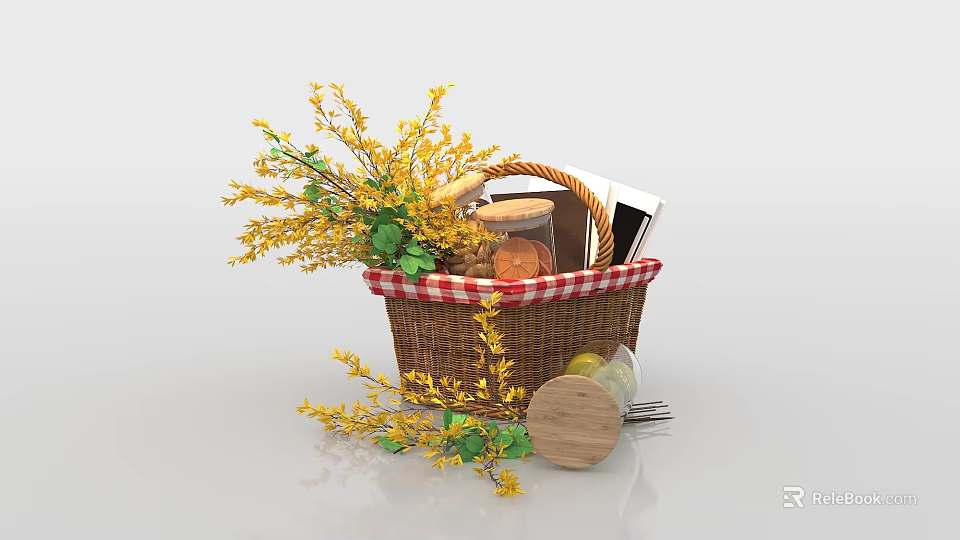 Yellow Floral Bouquet With Green Leaves In Wicker Basket Red White Checkered Cloth 3d model 