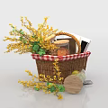 Yellow Floral Bouquet With Green Leaves In Wicker Basket Red White Checkered Cloth