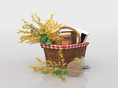 Yellow Floral Bouquet With Green Leaves In Wicker Basket Red White Checkered Cloth 3d model