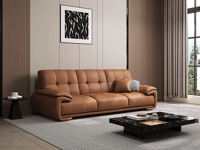 Modern Brown Leather Sofa Set with Abstract Painting Coffee Table and Window 3d model