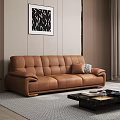 Modern Brown Leather Sofa Set with Abstract Painting Coffee Table and Window 3d model