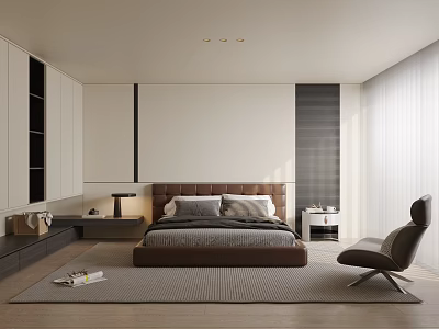 Modern Bedroom Interior Design With Brown Headboard Bed Nightstand Chair Cabinet And Area Rug 3d model