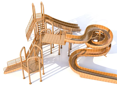 Wooden Outdoor Playground Equipment With Spiral Slide Stairs And Multiple Platforms 3d model
