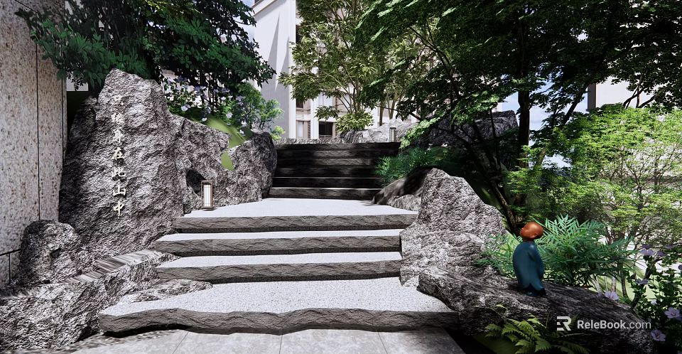 Natural Stone Stairs In Outdoor Garden With Lush Greenery And Rocks 3d model 