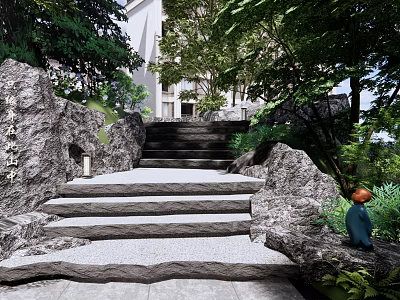 Natural Stone Stairs In Outdoor Garden With Lush Greenery And Rocks 3d model