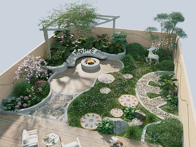 Serene Garden Featuring Pergola Fire Pit Stone Pathways And Lush Greenery 3d model