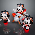 Three Black White Cartoon Toy Figures With Airplane Model Goggles Red Base Design