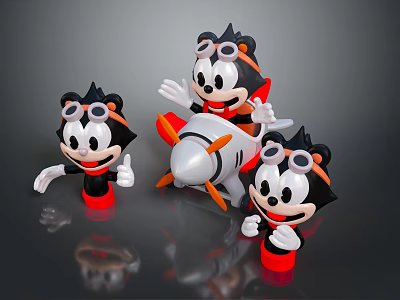 Three Black White Cartoon Toy Figures With Airplane Model Goggles Red Base Design 3d model
